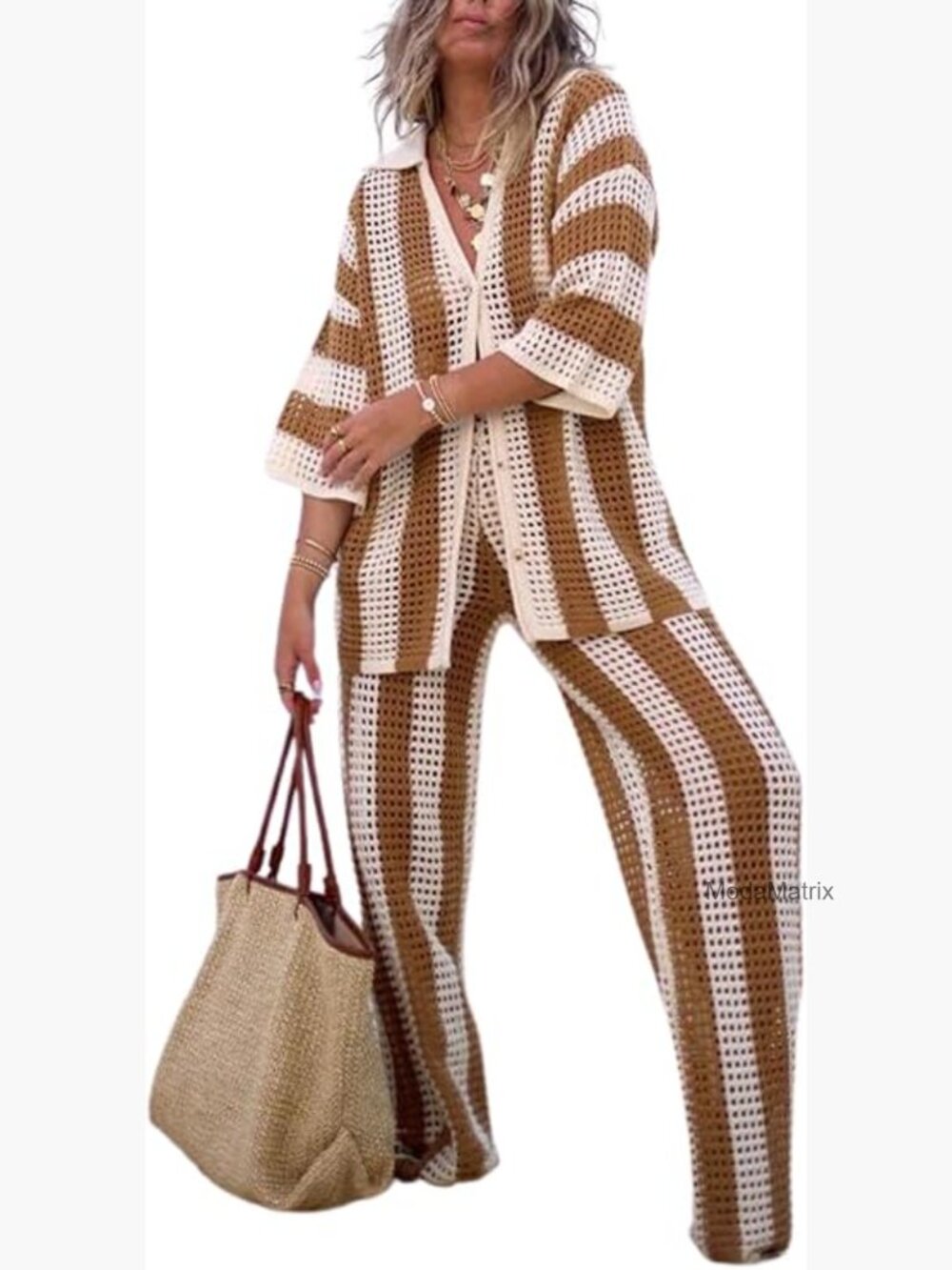 Crochet Cover Up Set 2 Piece Outfit Vacation Beachwear Button Top Pants